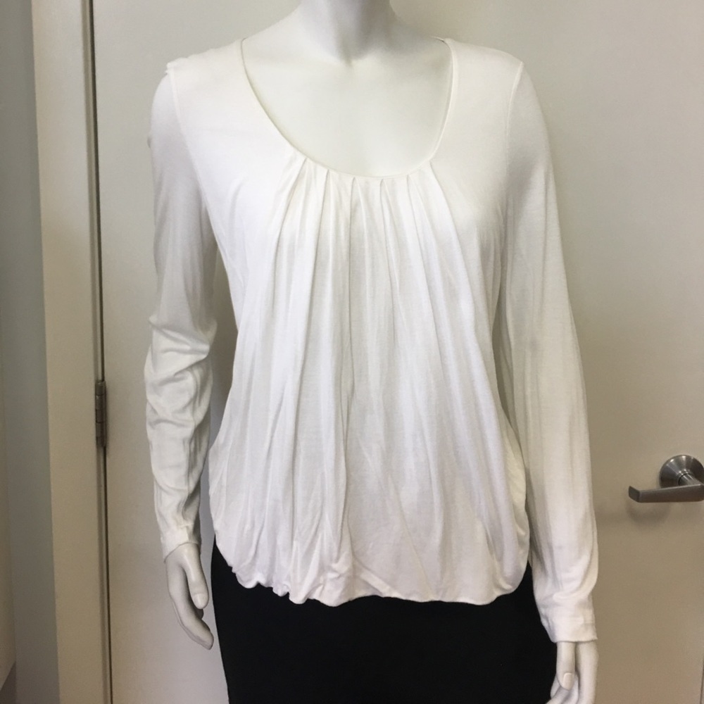 Calvin Klein White Cotton Scoop Neck Pleated Front Long Sleeve Pullover Top XL
